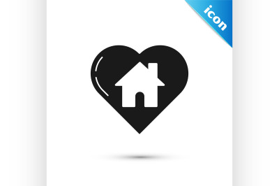 Black House with heart shape icon isolated on white background. Love h