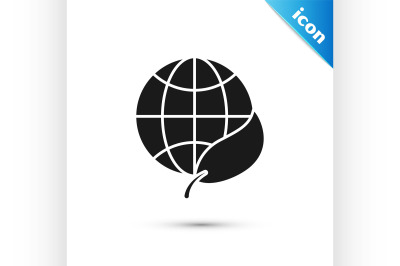 Black Earth globe and leaf icon isolated on white background. World or