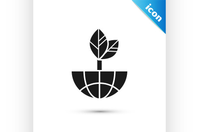 Black Earth globe and leaf icon isolated on white background. World or