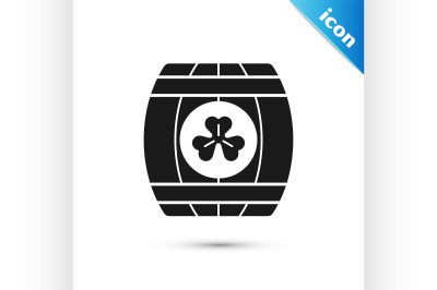 Black Wooden barrel with four leaf clover icon isolated on white backg