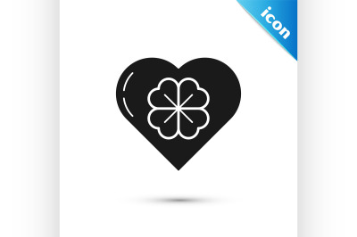 Black Heart with four leaf clover icon isolated on white background. H