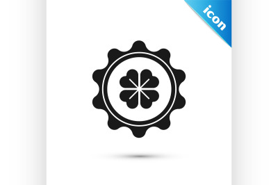 Black Bottle cap with four leaf clover icon isolated on white backgrou