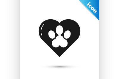 Black Heart with animals footprint icon isolated on white background.