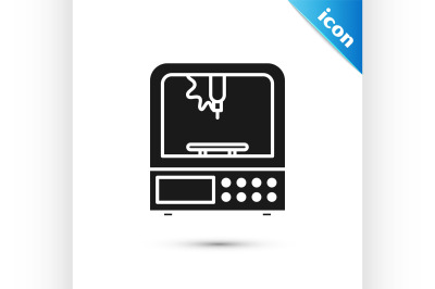 Black 3D printer icon isolated on white background.  Vector Illustrati