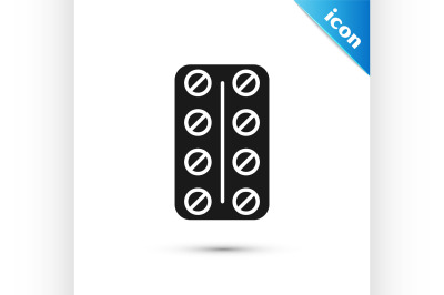 Black Pills in blister pack icon isolated on white background. Medical