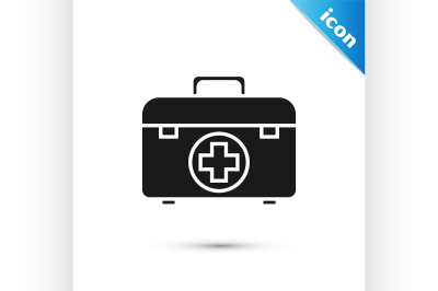 Black First aid kit icon isolated on white background. Medical box wit