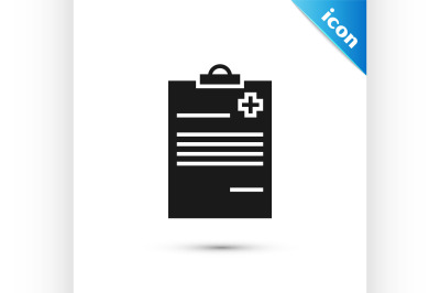 Black Medical clipboard with clinical record icon isolated on white ba