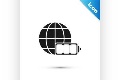 Black Battery charge level indicator with earth globe icon isolated on