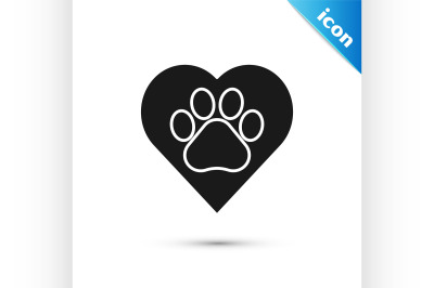 Black Heart with animals footprint icon isolated on white background.