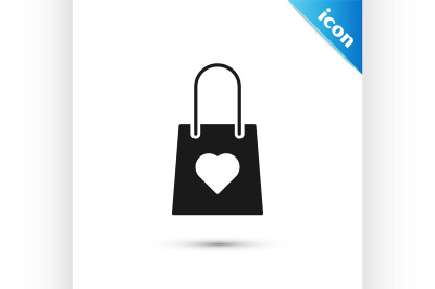 Black Shopping bag with heart icon isolated on white background. Shopp