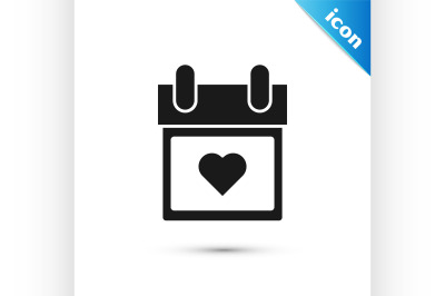 Black Calendar with heart icon isolated on white background. Valentine