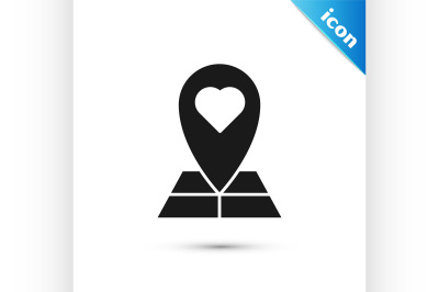 Black Map pointer with heart icon isolated on white background. Valent
