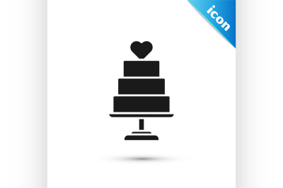 Black Wedding cake with heart icon isolated on white background.  Vect