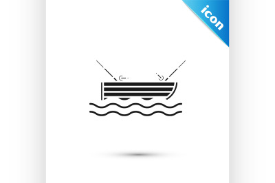 Black Fishing boat with fishing rod on water icon isolated on white ba