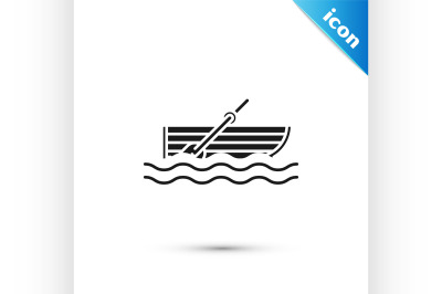 Black Fishing boat with oars on water icon isolated on white backgroun