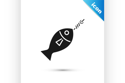 Black Fish on hook icon isolated on white background.  Vector Illustra