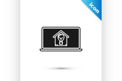 Black Laptop with smart house and light bulb icon isolated on white ba