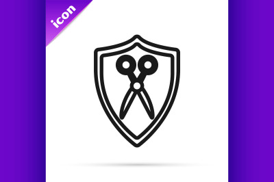 Black line Scissors hairdresser and shield icon isolated on white back