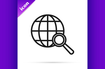 Black line Magnifying glass with globe icon isolated on white backgrou