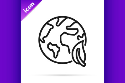 Black line Earth globe and leaf icon isolated on white background. Wor