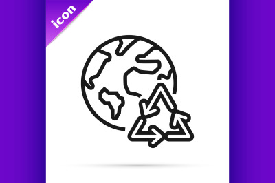 Black line Planet earth and a recycling icon isolated on white backgro