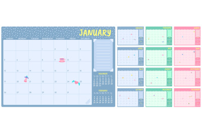 Cute monthly planner template. Kids calendar, simple year months plann