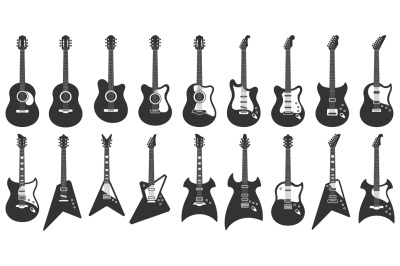 Black and white guitars. Acoustic strings music instruments, electric