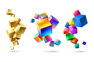 Abstract cubes compositions. Golden geometric shapes&2C; colorful cubic 3