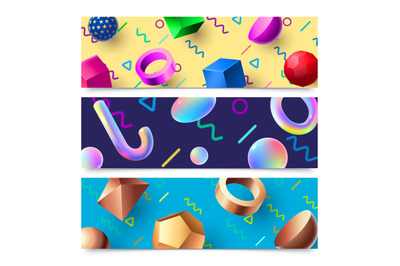 Abstract 3D geometric shapes banners. Colorful 80s holographic 3D obje