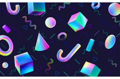 Abstract colorful geometric 3D blocks. Holographic gradients VR polygo