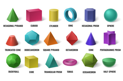 Realistic 3D color basic shapes. Solid colored geometric forms, cylind