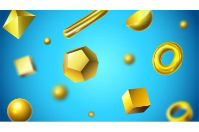 Golden abstract 3D geometric shapes. Shiny gold objects, realistic gol