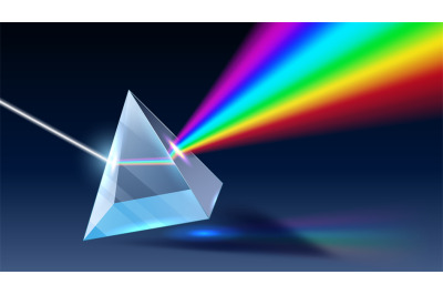 Realistic prism. Light dispersion, rainbow spectrum and optical effect