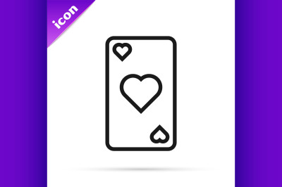 Black line Playing card with heart symbol icon isolated on white backg