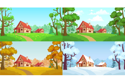 Cartoon house in woods. Forest village four seasons landscapes. Spring