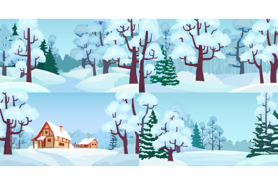 Cartoon winter forest landscapes. Village in woods with snow caps on h