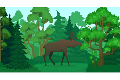 Cartoon moose in forest landscape. Deer silhouette in woods, green for