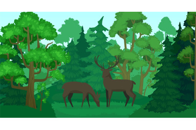 Cartoon deer in forest landscape. Deers in woods, forest field and gre