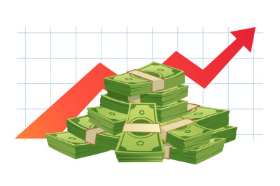 Growing cash graph. Pile of cash, money value red rising graph arrow a