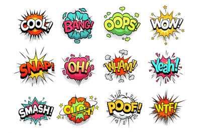 Comic sign clouds. Boom bang&2C; wow and cool speech bubbles. Burst cloud