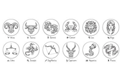 Zodiac signs. Sketch Cancer, Scorpio and Pisces. Hand drawn Taurus, Vi