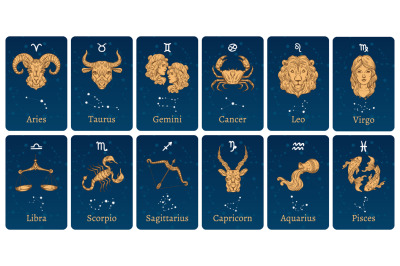 Zodiac constellations and signs. Horoscope cards with constellation st