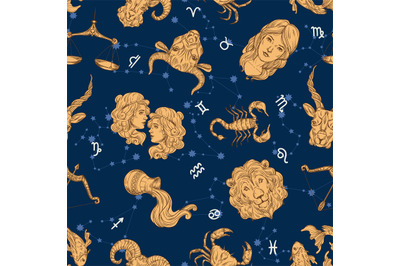 Seamless zodiac pattern. Aries, Leo and Sagittarius constellations. Ca