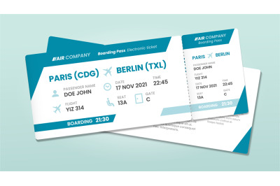 Two airline tickets. Airplane boarding ticket with passenger name&2C; air