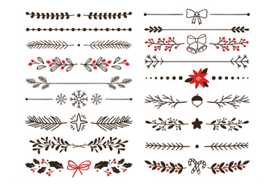 Hand drawn ornamental winter dividers. Snowflakes borders, Christmas h