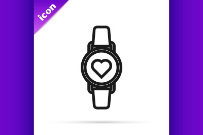 Black line Smart watch showing heart beat rate icon isolated on white