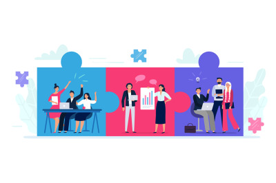 Connected teams puzzle. Office workers team cooperation, teamwork coll