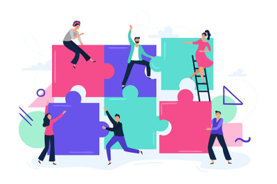 Puzzle teamwork. People work together and connect puzzle pieces, busin