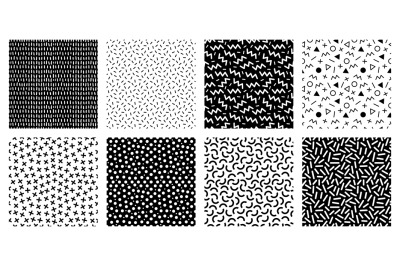 Memphis seamless patterns. Geometric lines and dots texture, black and