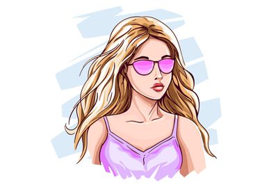 Hand drawn young blonde girl. Beautiful woman in pink fashion sunglass